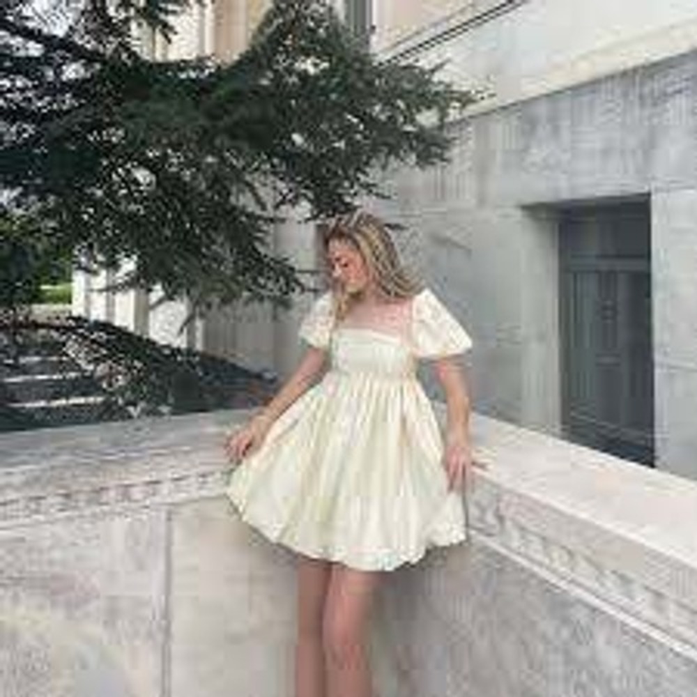 RARE Free People Party Mini Dress Women's 10 Creme Metallic Puff Sleeve